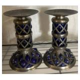 Metal Candle Holders with Blue Glass Inlays