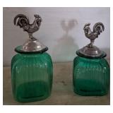 Green Glass Jars with Rooster Lids