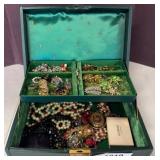 Green Jewelry Box with Costume Jewelry Assortment