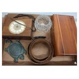 Boxed Lot Including Clock, Belt, and Brass Items