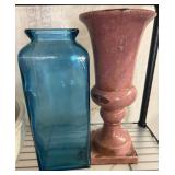 Blue Glass Vase and Pink Ceramic Vase