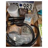 Box Lot with License Plate, Tools, and Hardware