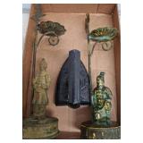 Cast Iron Iron and Pair of Metal Candle Holders