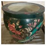 Green Ceramic Vase With Floral Motif and Fish