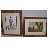Two Framed Artworks: Figure and Landscape Scenes