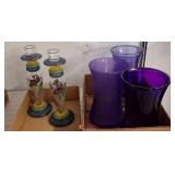 Hand-Painted Glass Candlesticks and Two Purple Vas