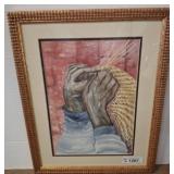 Framed Watercolor of Hands Weaving with Straw