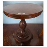 Round Wood Pedestal Table with Carved Base