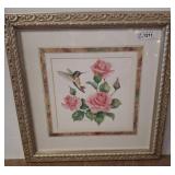 Framed Floral Print with Hummingbird Motif