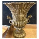 Ribbed Ceramic Vase with Ornate Handles