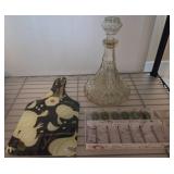 Glass Decanter, Garlic Board, and Olive Picks