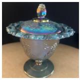 Iridescent Glass Lidded Dish with Grape Motif