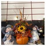 Snowman Figurines and Pumpkin Floral Arrangement