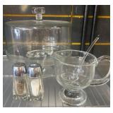 Glass Cake Stand, Creamer, and Salt & Pepper Set