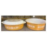 2 Pyrex Orange Floral Dishes, One Missing Lid