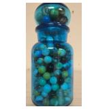 Blue Glass Jar with Multicolored Marbles