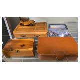 Wood Boxes, Leather Case, and Decorative Plaque