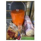 Orange Ice Bucket with Assorted Barware