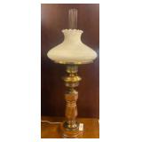 Brass and Wood Table Lamp with Glass Shade