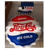 Pepsi-Cola Tin Sign and Coin Bank with Hot Wheels