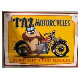 Metal Sign Featuring Taz and Motorcycle Design