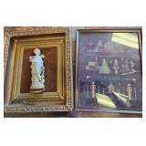Framed Figurine and Needlepoint Sampler