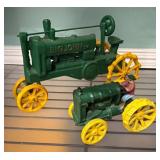Cast Iron Toy Tractors, Green and Yellow Pair