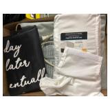 Box Lot With Bed Skirt, Fabric Items, and Cord