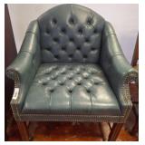Tufted Green Leather Armchair with Nailhead Trim