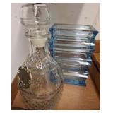 Cut Glass Decanter and Blue Glass Stackable Dishes