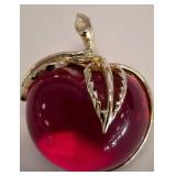 Gold-Tone Apple Brooch With Red Glass Center