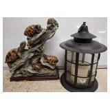 Turtle Sculpture and Metal Lantern