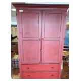 Red Painted Wood Armoire with Shelves and Drawers