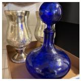 Cobalt Blue Glass Decanter and Silver-Tone Vases