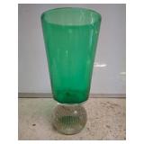 Green Glass Vase with Clear Textured Base