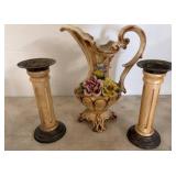 Ceramic Pitcher With Floral Design and Two Candles