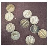 10 Mercury Dimes, Silver Composition