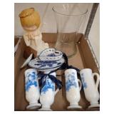 Ceramic Figurine, Glass Vase, Blue Transferware Se