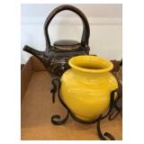 Yellow Vase and Brown Teapot Ceramic Pair