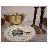 Brass Bowl, Commemorative Plate, and Candlesticks