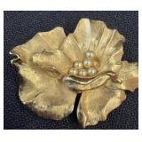 Trifari Gold-Tone Floral Brooch with Faux Pearls
