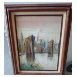 Framed Cityscape Painting with Artist Signature