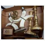 Brass Candlesticks and Decorative Horn Items