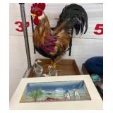 Feathered Rooster, Glass Swans, and 3D Beach Scene