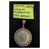 Silver Tone Flower Motif Medallion Pendant