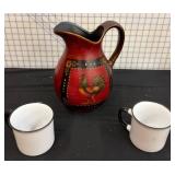 Decorative Pitcher and Two White Mugs Set