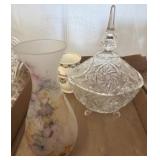 Cut Glass Dish with Lid and Frosted Glass Vase