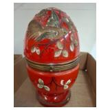 Red Enamel Egg-Shaped Holder with Bird Motif