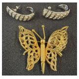 Monet Butterfly Brooch and Rhinestone Earrings