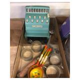 Toy Cash Register, Metal Holders, and Kitchen Tool